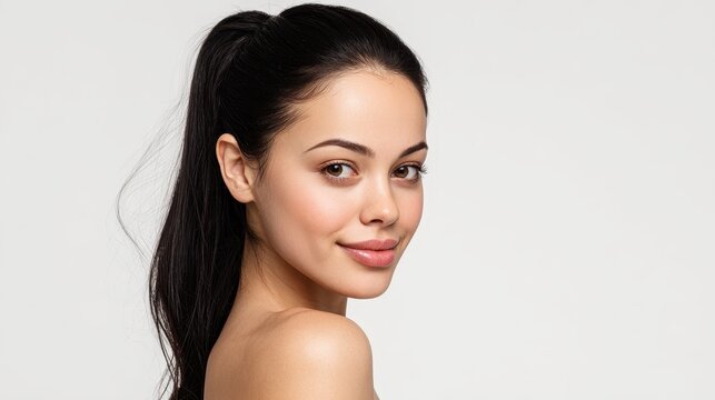 Pure attractiveness appealing young woman with black ponytail smooth skin full lips on white background Focus on beauty skincare and cosmetics