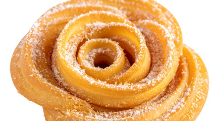 Fototapeta premium Close-up of a golden pastry swirled into a rose shape, dusted with powdered sugar