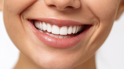 Young woman s radiant smile with bright white teeth on a light backdrop Oral hygiene Dental concept