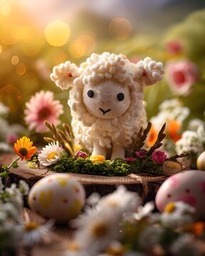 Niedliches Osterlamm in Blumenwiese mit Ostereiern und frischer Fr&uuml;hlingsstimmung
