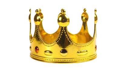 A regal golden crown with jewels, meticulously crafted, set against a stark black background