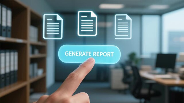 Generate report button with document icon and finger pointing glowing button modern office, next gen technology for software developer using AI programming machine learning