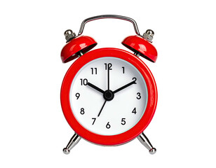 A vibrant, close-up photograph displays a red, classic alarm clock against a stark black background