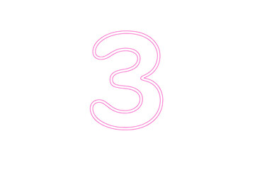 Fototapeta premium Pink neon number three glowing on transparent background