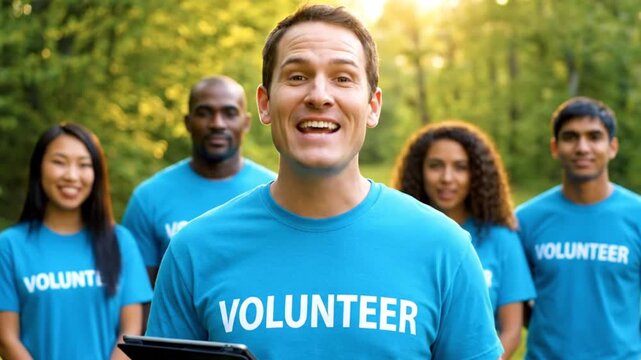 Diverse Group of Enthusiastic Volunteers in Blue T-shirts Standing Outdoors in a Park for Community Support and Environmental Charity Work.