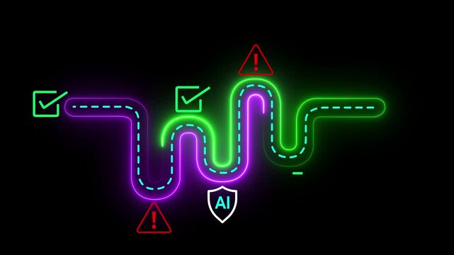 AI Safety and Ethics Concept on the black background. Ethical guidelines and safety protocols in artificial intelligence systems. Motion graphics of  security warning signs, and checkmarks. 4k video.