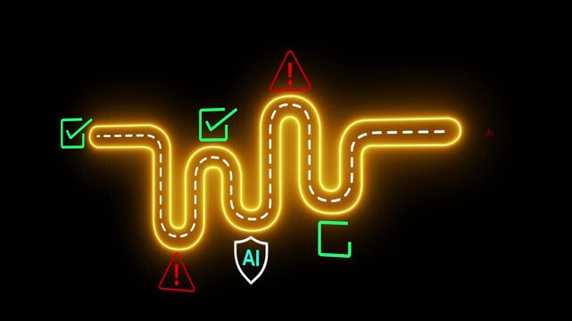 AI Safety and Ethics Concept on the black background. Ethical guidelines and safety protocols in artificial intelligence systems. Motion graphics of  security warning signs, and checkmarks. 4k video.