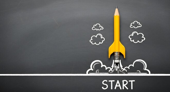 pencil rocket launching from blackboard with start concept