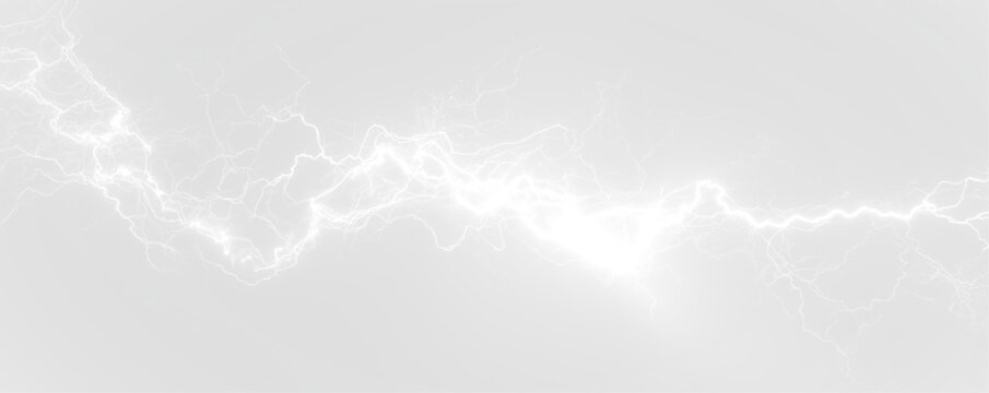 : Bright white lightning streaks slash across a dark sky, leaving neon electric trails. Sparks flicker energetically along the glowing path. Perfect for high-voltage visuals. PNG