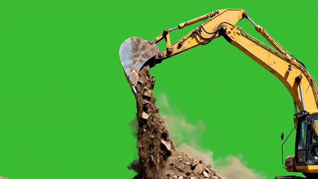 Isolated heavy yellow excavator machine arm lifts a scoop of dirt and rapidly dumps the load to the side against a seamless uniform green screen background automation, motion graphics, equipment