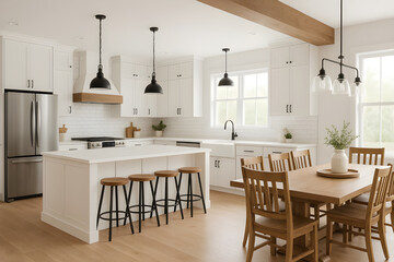 Modern farmhouse kitchen and dining area featuring white cabinets, subway tile, large island, light wood floor, and wooden dining table.