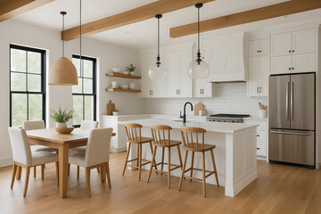Modern Scandinavian farmhouse style kitchen interior featuring white cabinetry, wood beams, a spacious island, and dining area.