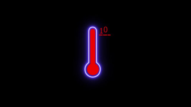 neon celsius thermometer icon glowing on dark background temperature 10 degree hot and cold weather animation