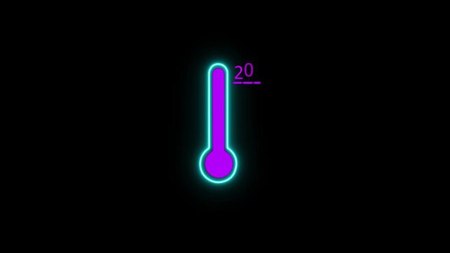 neon celsius thermometer icon glowing on dark background temperature 20 degree hot and cold weather animation