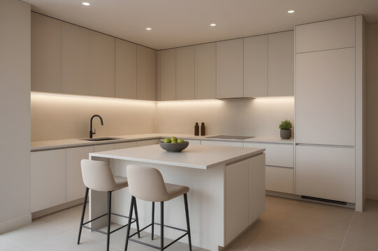 Elegant, contemporary kitchen interior featuring sleek beige cabinetry, a central island with bar stools, and warm ambient lighting.