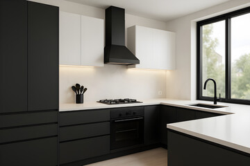 Sleek, minimalist kitchen interior design with black base cabinets, white countertops, built-in appliances, and a large window.