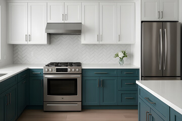 Fototapeta premium Modern kitchen interior design with two-tone cabinetry, stainless steel appliances, and herringbone backsplash.