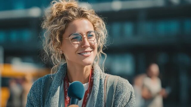 Broadcast Journalist in Action: A poised broadcast journalist, microphone in hand, captures a dynamic scene, ready to deliver the news with expertise. 