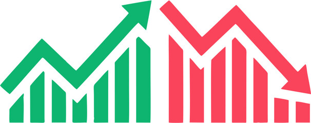 Green up arrow graph and red down arrow graph representing financial growth and decline isolated on white background © Azeem