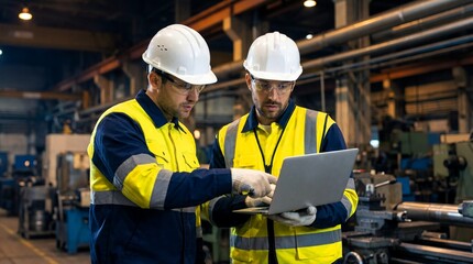 Two industrial engineers in protective gear collaborate reviewing data on a modern laptop computer