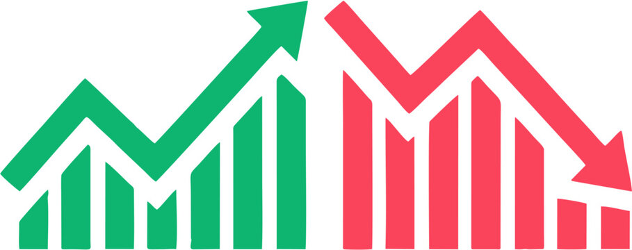 Green up arrow graph and red down arrow graph representing financial growth and decline isolated on white background
