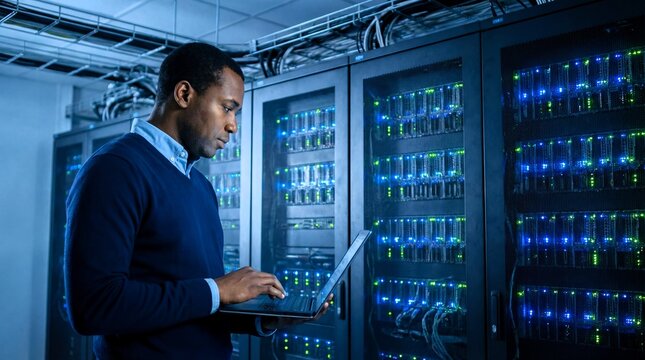 Dedicated system administrator analyzes network performance using a laptop in a server room environment