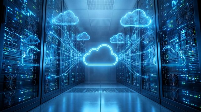 Digital cloud computing network transfers data streams between illuminated server racks in a data center