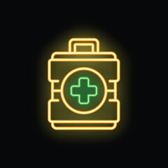 Obraz premium Glowing neon line first aid kit icon isolated on black background. Emergency medical box. Vector illustration