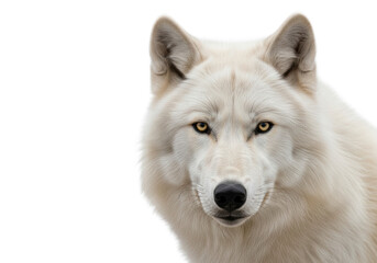 Obraz premium extreme close-up studio portrait of a majestic arctic wolf with detailed white fur, piercing yellow eyes, and a dark glistening nose, conveying wild intelligence and serene confidence concept