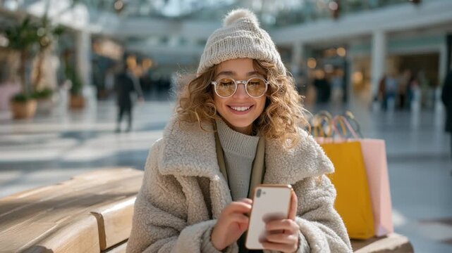Stylish Shopper Connected: A woman, radiating warmth with her smile, pauses during her shopping excursion to engage with her phone. She is surrounded by the ambiance of an indoor mall.