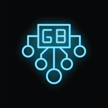 Neon blue glowing icon of the acronym gb representing gigabyte with smaller circles connected to it symbolizing data storage