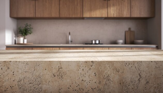 Beige Travertine Stone Countertop Texture Background with Blurred Japandi Kitchen Interior for Food Presentation