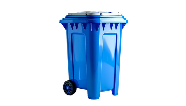 A glossy blue wheeled waste container, with a hinged lid, isolated on a black background