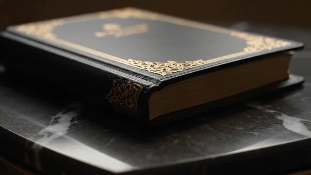 Close up of a decorative book with gold accents on a dark surface