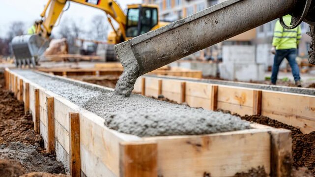 A time-lapse video shows concrete being poured from a chute into a wooden formwork for a foundation or trench.