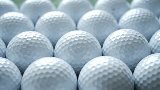 Close up of arranged golf balls showing textured dimples in a row