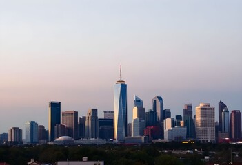 Fototapeta premium City skyline with modern skyscrapers and central tower viewed from a distance at dusk with trees in the foreground