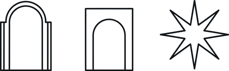 Simple line icons representing architectural and celestial elements