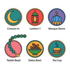 Ramadan Symbols:  A collection of artistic icons depicting the spirit of Ramadan, from crescent moons to ornate lanterns and traditional dates. 