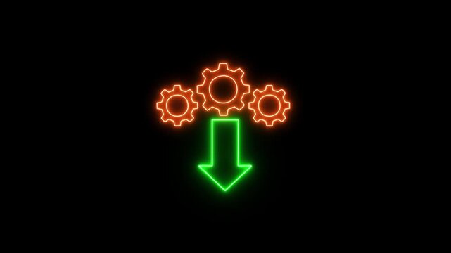 Neon red glowing icon featuring three interconnected gear wheels above a downward arrow on a black background. This futuristic symbol represents bulk settings download, system update