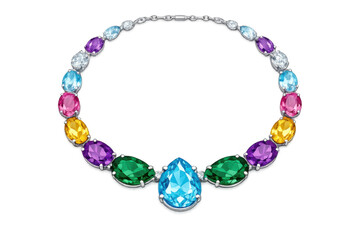 Obraz premium Colorful gemstone necklace with pear cut and oval jewels on gradient background