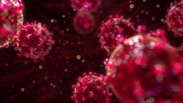 Animation of microscopic Hanta virus particles, 4K medical science concept, virus study, epidemic research, healthcare and laboratory visualization.