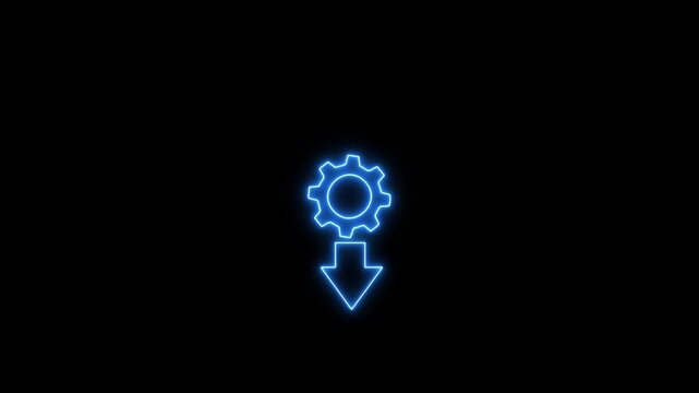 Minimal flat vector icon showing an orange gear above a downward arrow on a black background. The symbol represents settings download, system installation, configuration update,