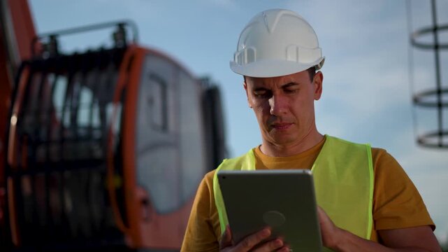 Worker using tablet at construction site inspects excavator and checks safety protocol wearing helmet and vest while engineer reviews schedule for industry inspection and operation planning today
