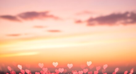 Romantic sunset sky with floating love hearts over pink flower field at dusk