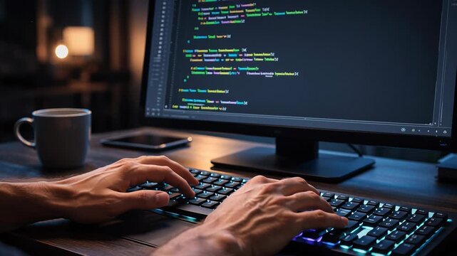 Programmer coding software with AI and machine learning technology for next gen cybersecurity development, programming skills, developer workspace using advanced technology