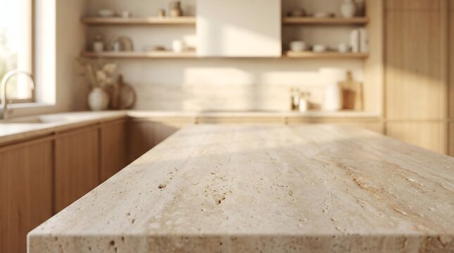 Beige Travertine Stone Countertop Texture Background with Blurred Japandi Kitchen Interior for Food Presentation