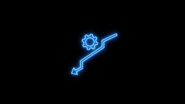 Neon-style gear with downward arrow icon, symbolizing settings, downgrade, decrease, or performance reduction. Vibrant glowing neon lines create a modern and futuristic look, ideal for technology,