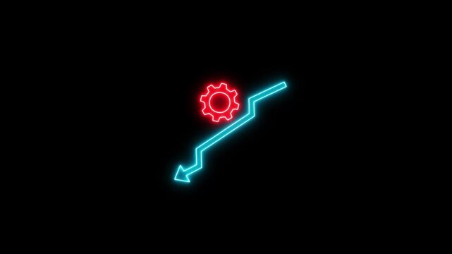 Neon-style gear with downward arrow icon, symbolizing settings, downgrade, decrease, or performance reduction. Vibrant glowing neon lines create a modern and futuristic look, ideal for technology,