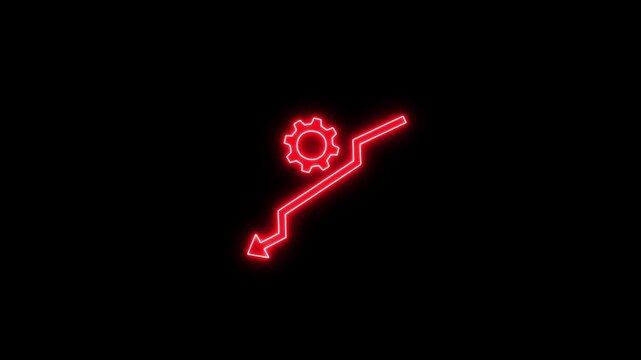Neon-style gear with downward arrow icon, symbolizing settings, downgrade, decrease, or performance reduction. Vibrant glowing neon lines create a modern and futuristic look, ideal for technology,